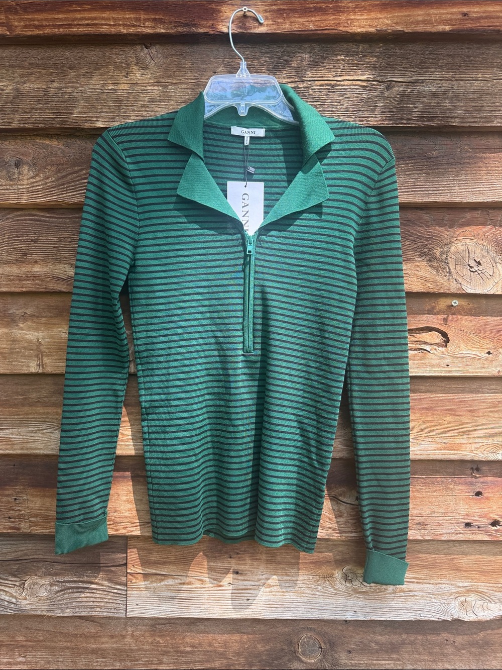 Ganni striped collared long sleeve zip neck top verdant green evangel